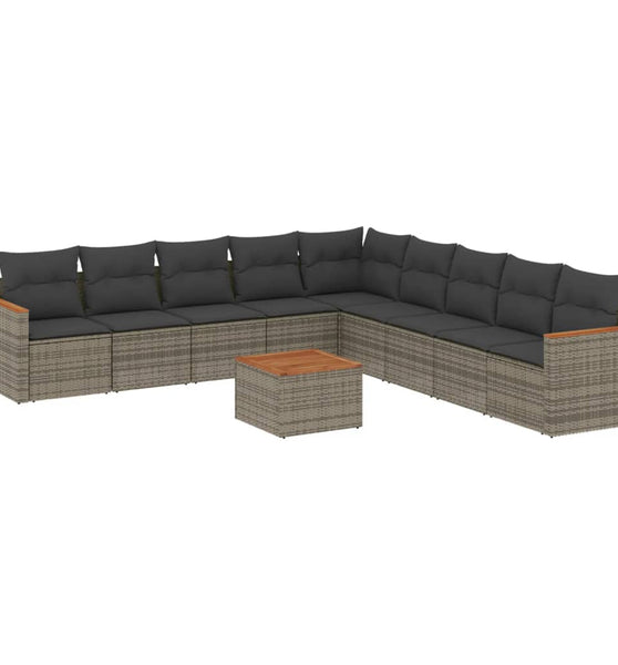 10-tlg. Garten-Sofagarnitur mit Kissen Grau Poly Rattan