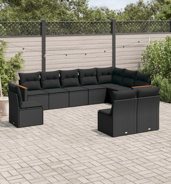 10-tlg. Garten-Sofagarnitur mit Kissen Schwarz Poly Rattan