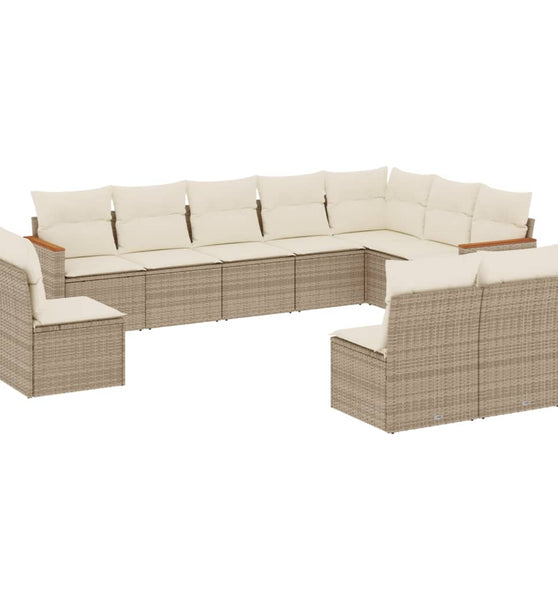 10-tlg. Garten-Sofagarnitur mit Kissen Beige Poly Rattan