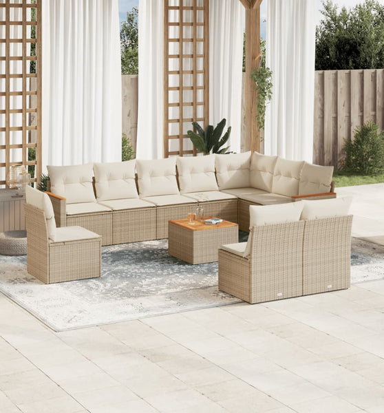 11-tlg. Garten-Sofagarnitur mit Kissen Beige Poly Rattan