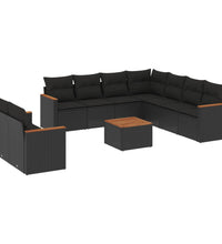 10-tlg. Garten-Sofagarnitur mit Kissen Schwarz Poly Rattan