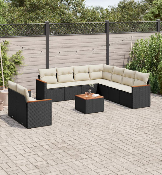 10-tlg. Garten-Sofagarnitur mit Kissen Schwarz Poly Rattan