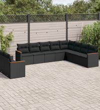 10-tlg. Garten-Sofagarnitur mit Kissen Schwarz Poly Rattan