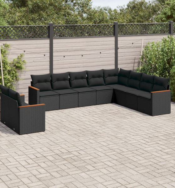 10-tlg. Garten-Sofagarnitur mit Kissen Schwarz Poly Rattan
