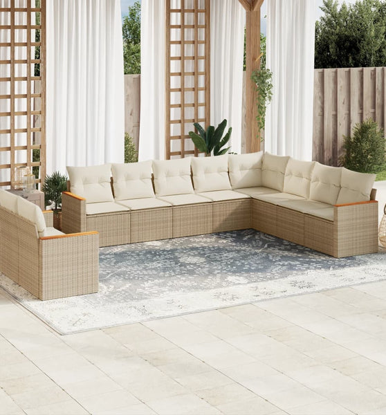 10-tlg. Garten-Sofagarnitur mit Kissen Beige Poly Rattan