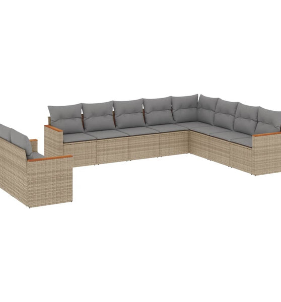 10-tlg. Garten-Sofagarnitur mit Kissen Beige Poly Rattan