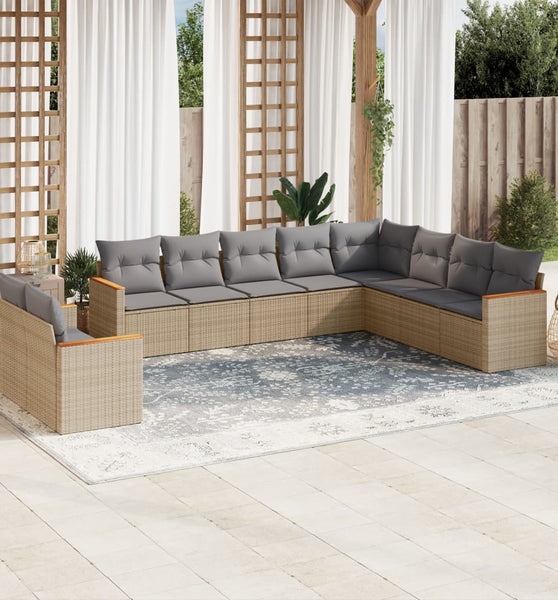 10-tlg. Garten-Sofagarnitur mit Kissen Beige Poly Rattan