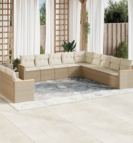 11-tlg. Garten-Sofagarnitur mit Kissen Beige Poly Rattan