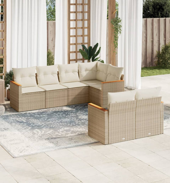 7-tlg. Garten-Sofagarnitur mit Kissen Beige Poly Rattan