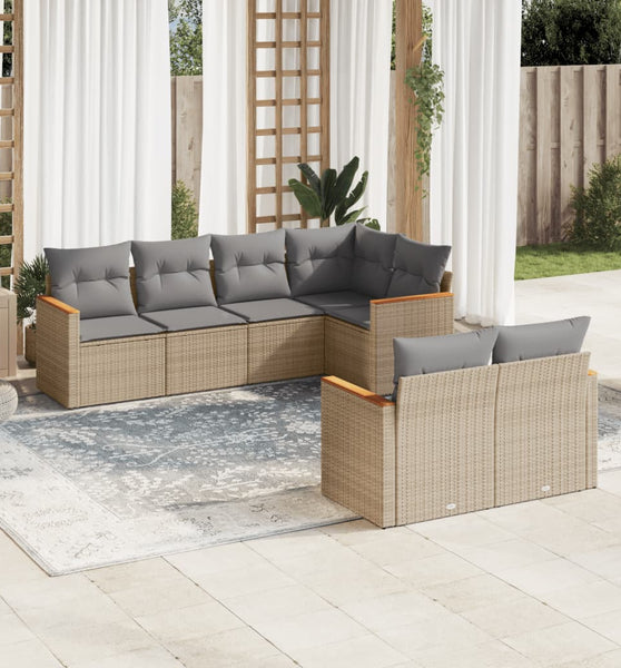 7-tlg. Garten-Sofagarnitur mit Kissen Beige Poly Rattan