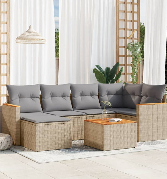 7-tlg. Garten-Sofagarnitur mit Kissen Beige Poly Rattan