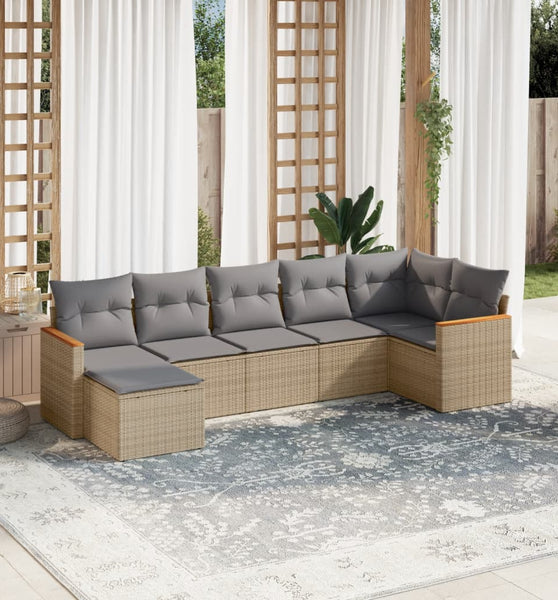 7-tlg. Garten-Sofagarnitur mit Kissen Beige Poly Rattan