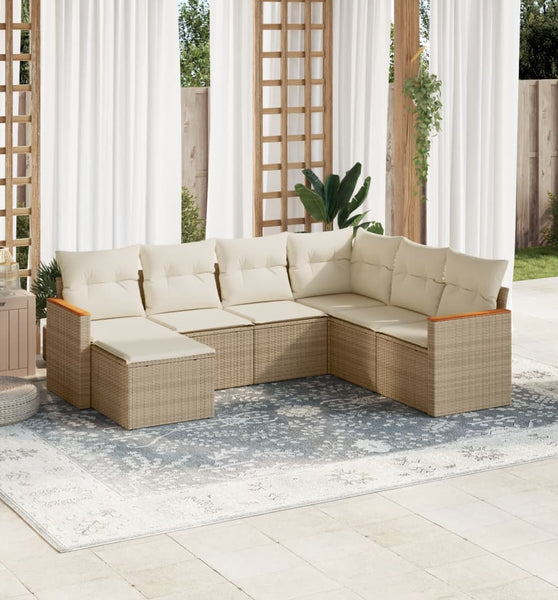 7-tlg. Garten-Sofagarnitur mit Kissen Beige Poly Rattan