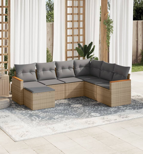 7-tlg. Garten-Sofagarnitur mit Kissen Beige Poly Rattan