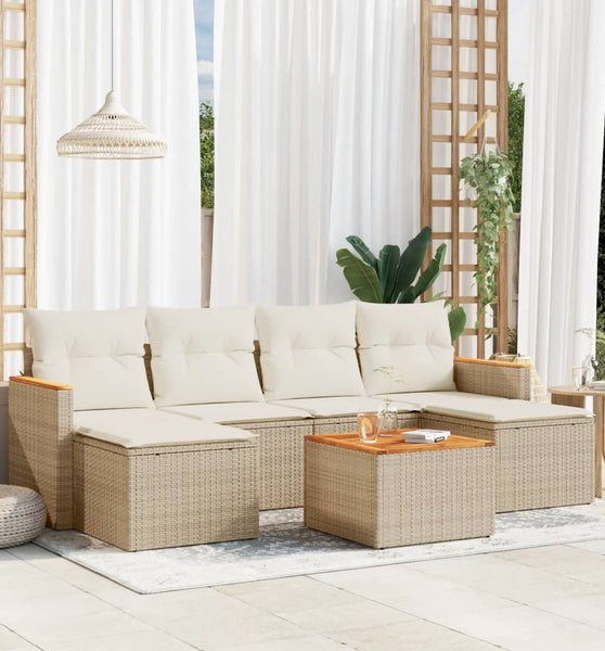 7-tlg. Garten-Sofagarnitur mit Kissen Beige Poly Rattan