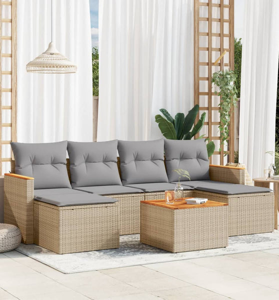 7-tlg. Garten-Sofagarnitur mit Kissen Beige Poly Rattan