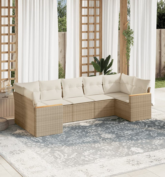 7-tlg. Garten-Sofagarnitur mit Kissen Beige Poly Rattan