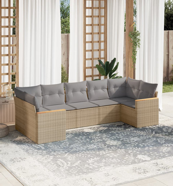 7-tlg. Garten-Sofagarnitur mit Kissen Beige Poly Rattan