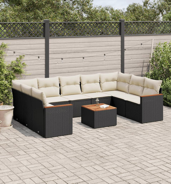 10-tlg. Garten-Sofagarnitur mit Kissen Schwarz Poly Rattan