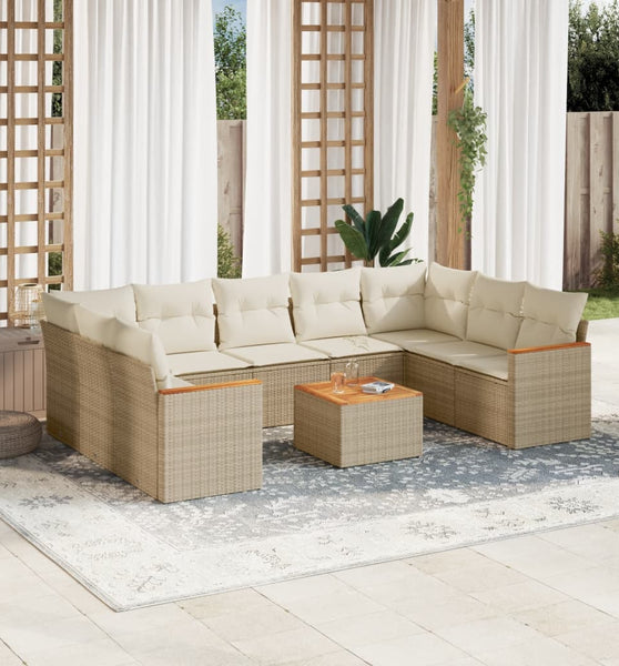 10-tlg. Garten-Sofagarnitur mit Kissen Beige Poly Rattan
