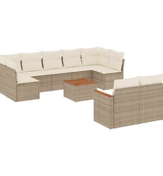 10-tlg. Garten-Sofagarnitur mit Kissen Beige Poly Rattan