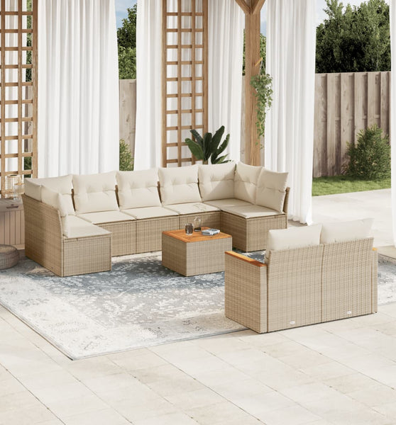 10-tlg. Garten-Sofagarnitur mit Kissen Beige Poly Rattan