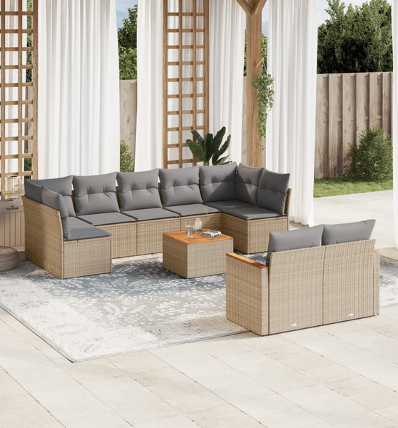 10-tlg. Garten-Sofagarnitur mit Kissen Beige Poly Rattan