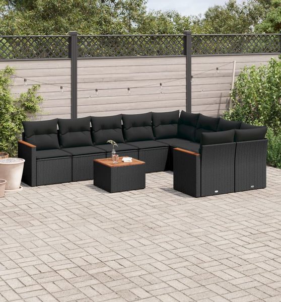 10-tlg. Garten-Sofagarnitur mit Kissen Schwarz Poly Rattan