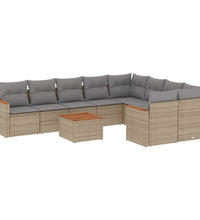 10-tlg. Garten-Sofagarnitur mit Kissen Beige Poly Rattan