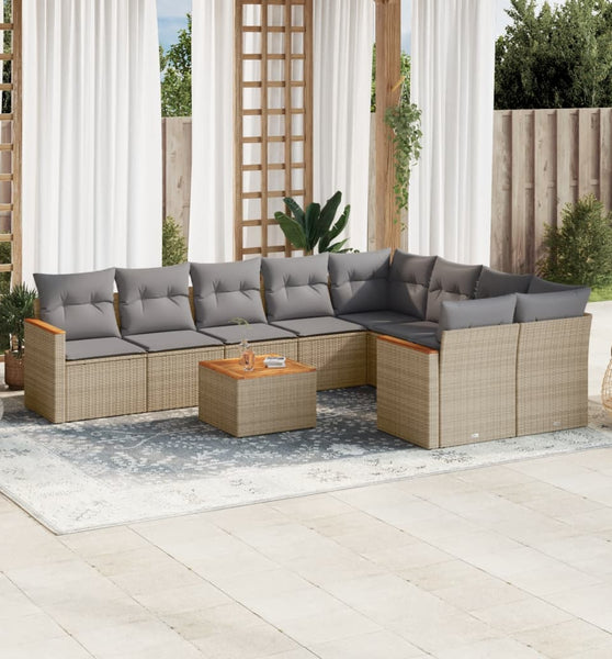 10-tlg. Garten-Sofagarnitur mit Kissen Beige Poly Rattan