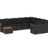 10-tlg. Garten-Sofagarnitur mit Kissen Schwarz Poly Rattan