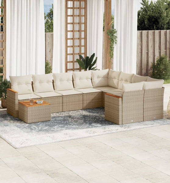 10-tlg. Garten-Sofagarnitur mit Kissen Beige Poly Rattan