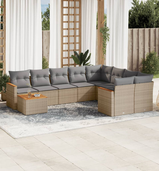 10-tlg. Garten-Sofagarnitur mit Kissen Beige Poly Rattan