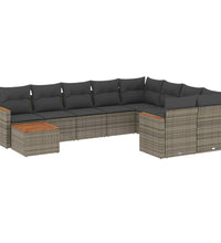 10-tlg. Garten-Sofagarnitur mit Kissen Grau Poly Rattan