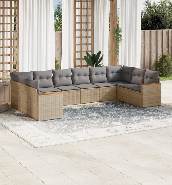 10-tlg. Garten-Sofagarnitur mit Kissen Beige Poly Rattan