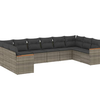 10-tlg. Garten-Sofagarnitur mit Kissen Grau Poly Rattan