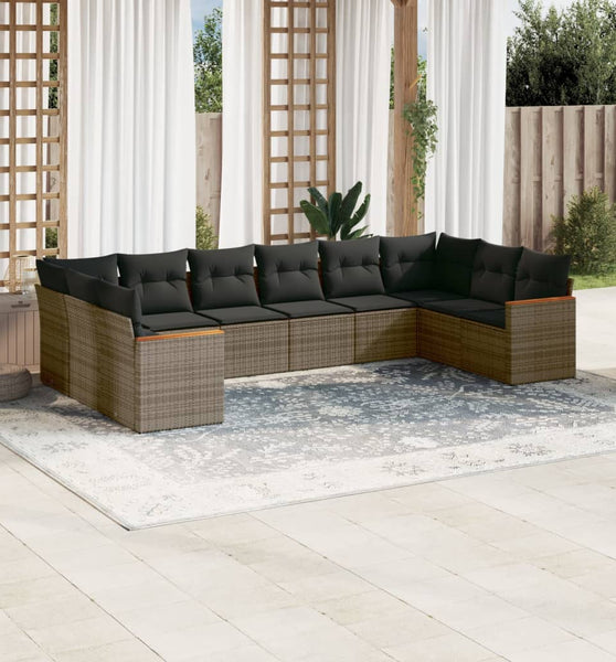 10-tlg. Garten-Sofagarnitur mit Kissen Grau Poly Rattan