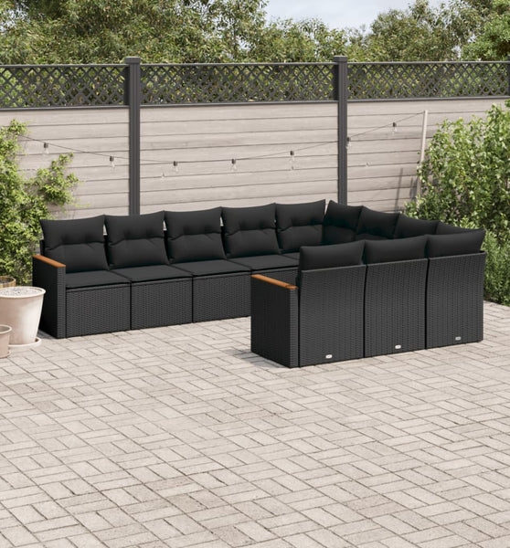 10-tlg. Garten-Sofagarnitur mit Kissen Schwarz Poly Rattan