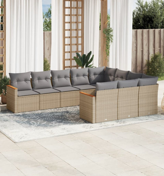 10-tlg. Garten-Sofagarnitur mit Kissen Beige Poly Rattan