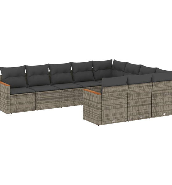 10-tlg. Garten-Sofagarnitur mit Kissen Grau Poly Rattan
