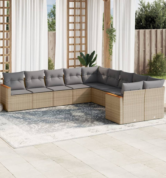 10-tlg. Garten-Sofagarnitur mit Kissen Beige Poly Rattan