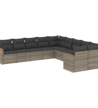 10-tlg. Garten-Sofagarnitur mit Kissen Grau Poly Rattan