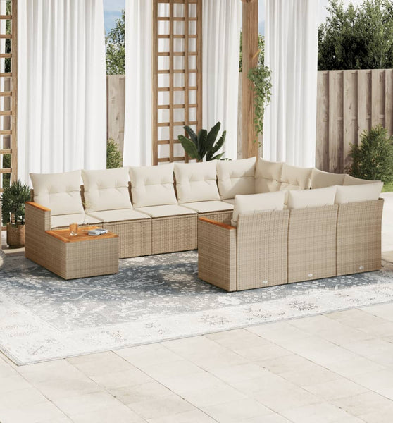 11-tlg. Garten-Sofagarnitur mit Kissen Beige Poly Rattan