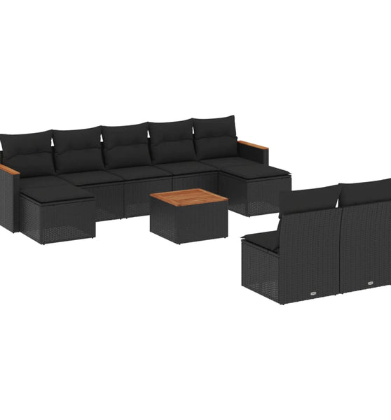 10-tlg. Garten-Sofagarnitur mit Kissen Schwarz Poly Rattan