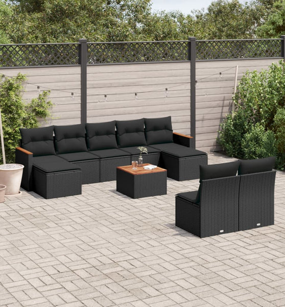 10-tlg. Garten-Sofagarnitur mit Kissen Schwarz Poly Rattan