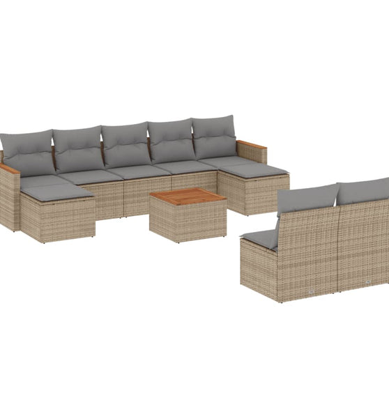 10-tlg. Garten-Sofagarnitur mit Kissen Beige Poly Rattan