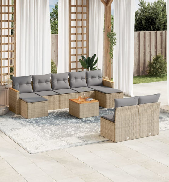 10-tlg. Garten-Sofagarnitur mit Kissen Beige Poly Rattan