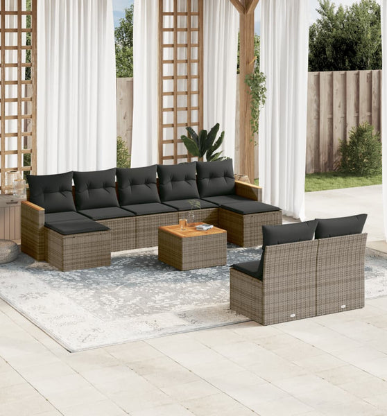 10-tlg. Garten-Sofagarnitur mit Kissen Grau Poly Rattan