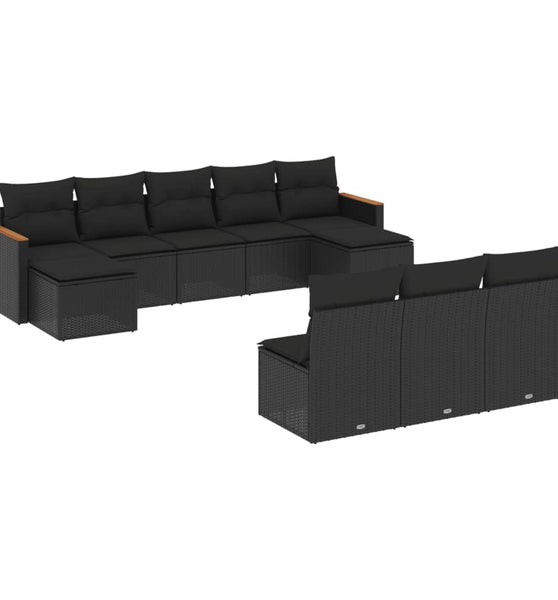 10-tlg. Garten-Sofagarnitur mit Kissen Schwarz Poly Rattan