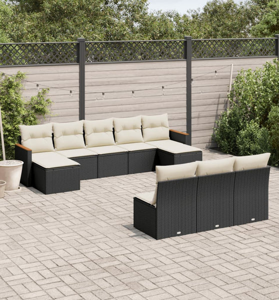 10-tlg. Garten-Sofagarnitur mit Kissen Schwarz Poly Rattan
